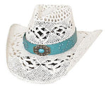 Woman's Summer Straw Hat - Bullhide Keepin It Real - White With Turquoise Band - Teammvpsports